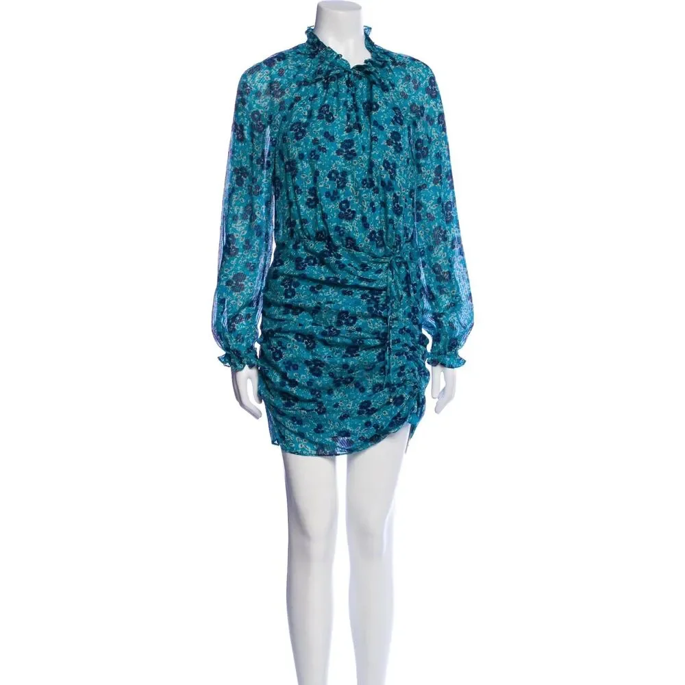 Veronica Beard Teal Navy Floral Chiffon Long Sleeve Midi Dress 4 - Picture 3 of 12